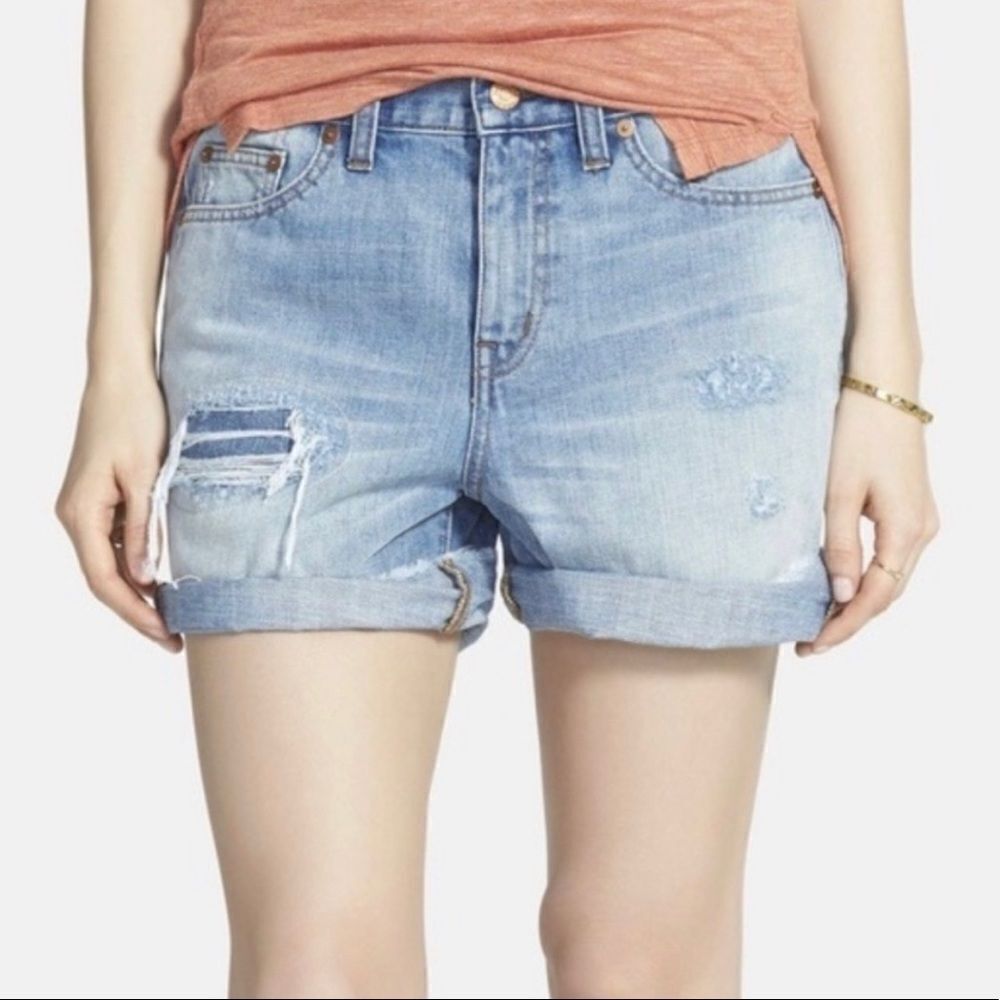 Madewell Rip and Repair Edition Boy Jean shorts.